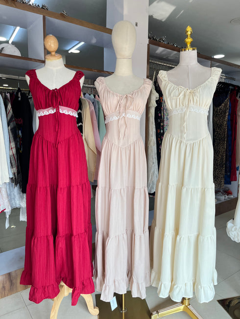 Spring Ruched Tie Neckline Sleeveless Long Sundresses